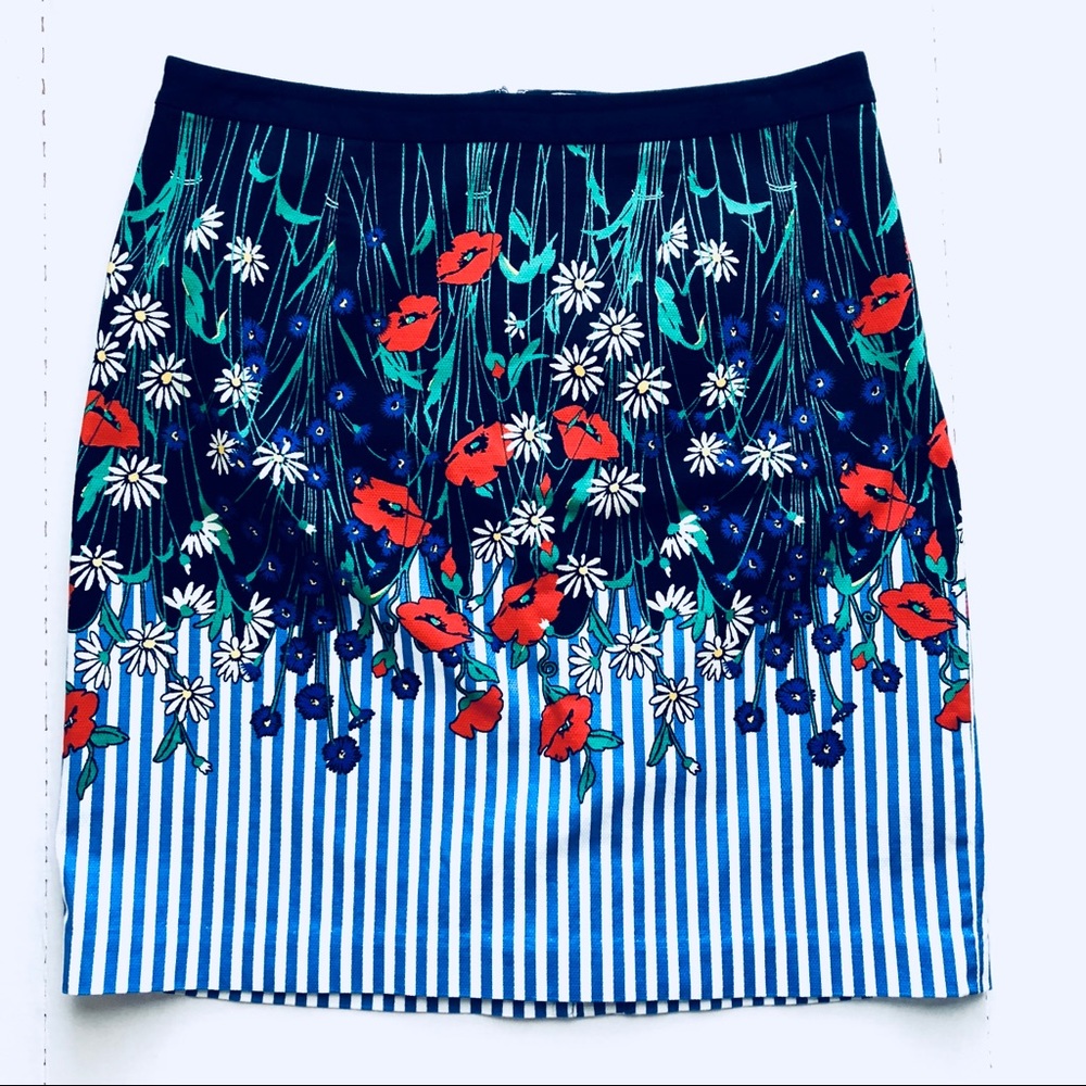 Anthropologie Floral and Striped Pencil Skirt - Blue, Red, White